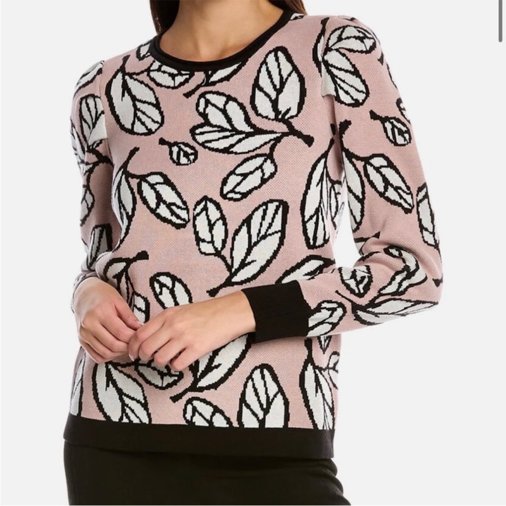 Anne Klein Black and Pink Leaf Pattern Sweater